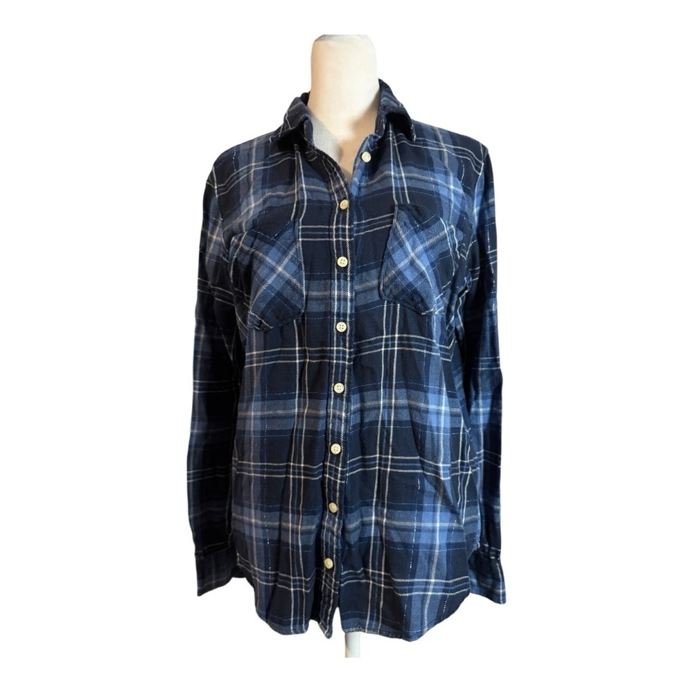 Aeropostale Women's Blue Plaid Button-Up Flannel-like Medium Top
